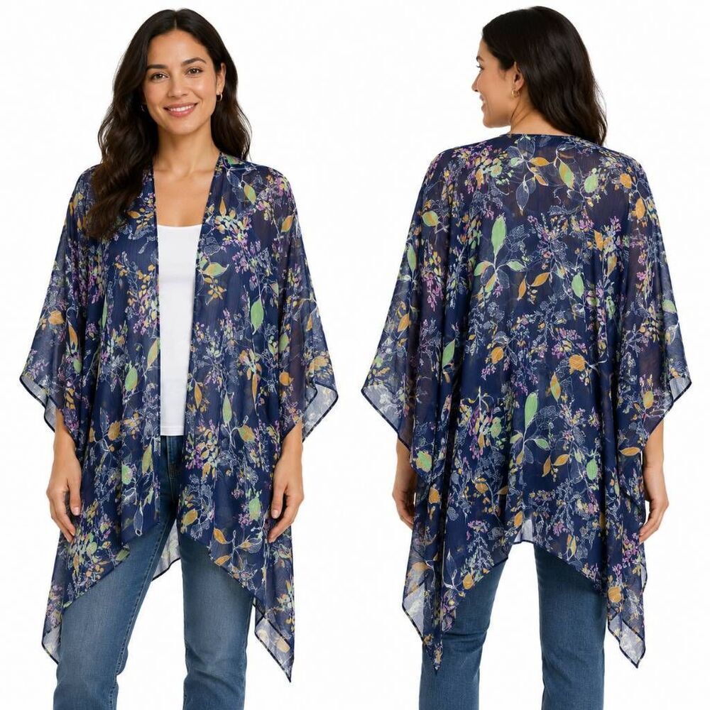 Maurices Sheer Kimono Cardigan Navy Botanical One Size